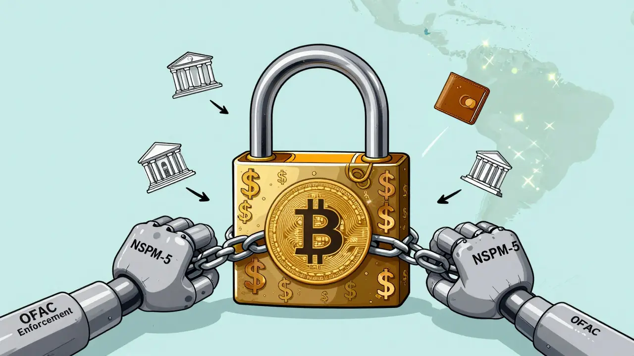 A giant lock made of dollar signs and blockchain chains tightens around a lone Bitcoin wallet in Cuba, surrounded by blocked transactions.