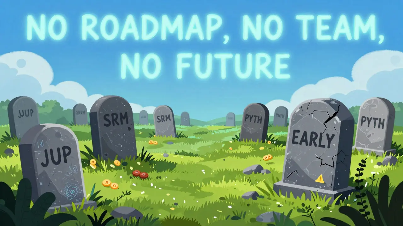 A graveyard of crypto tokens with one cracked tombstone labeled 'EARLY', overshadowed by vibrant neighboring coins under a neon sky.