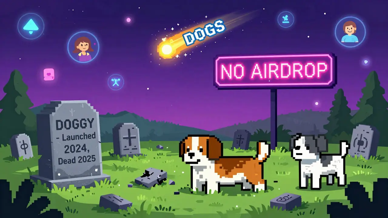 A graveyard of pixel dogs lies under a 'NO AIRDROP' tombstone, as a glowing DOGS comet streaks across an active blockchain sky.