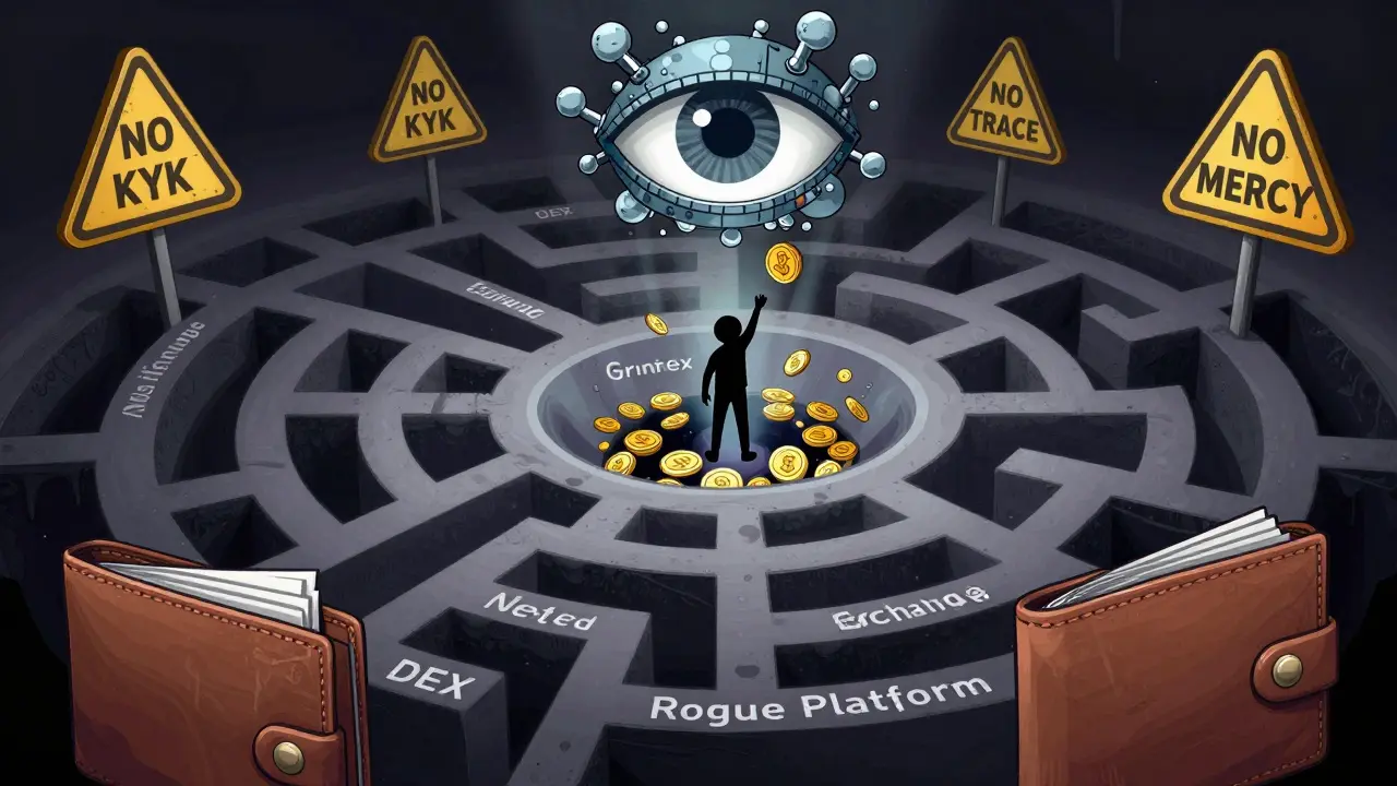 A labyrinth of wallets leading to a vortex labeled Grinex, watched by a robotic eye made of blockchain nodes.