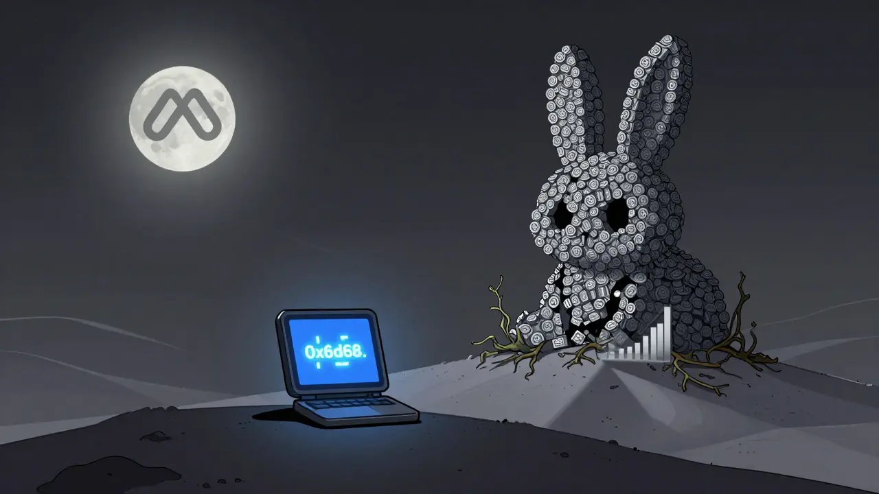 A lone wallet displays a TUZKI contract address as a massive token monument crumbles behind it in silence.