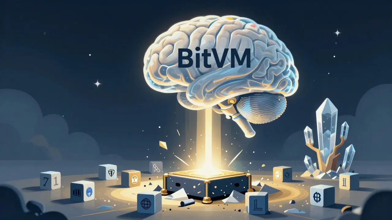 A massive BitVM brain activates mining nodes, destroying federation icons as clean proof-of-work blocks rise like crystalline trees.