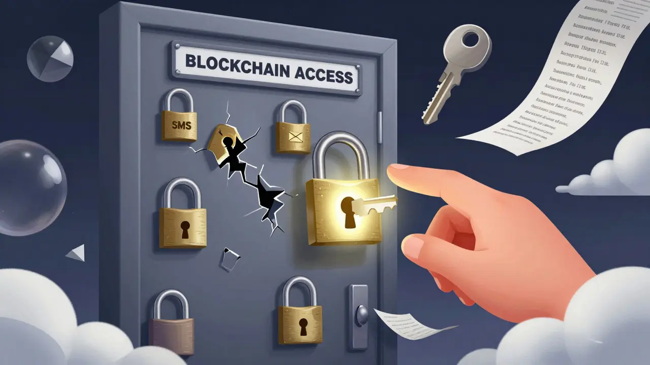 A massive door with five locks, only the hardware key lock open, while other recovery methods crumble around it.