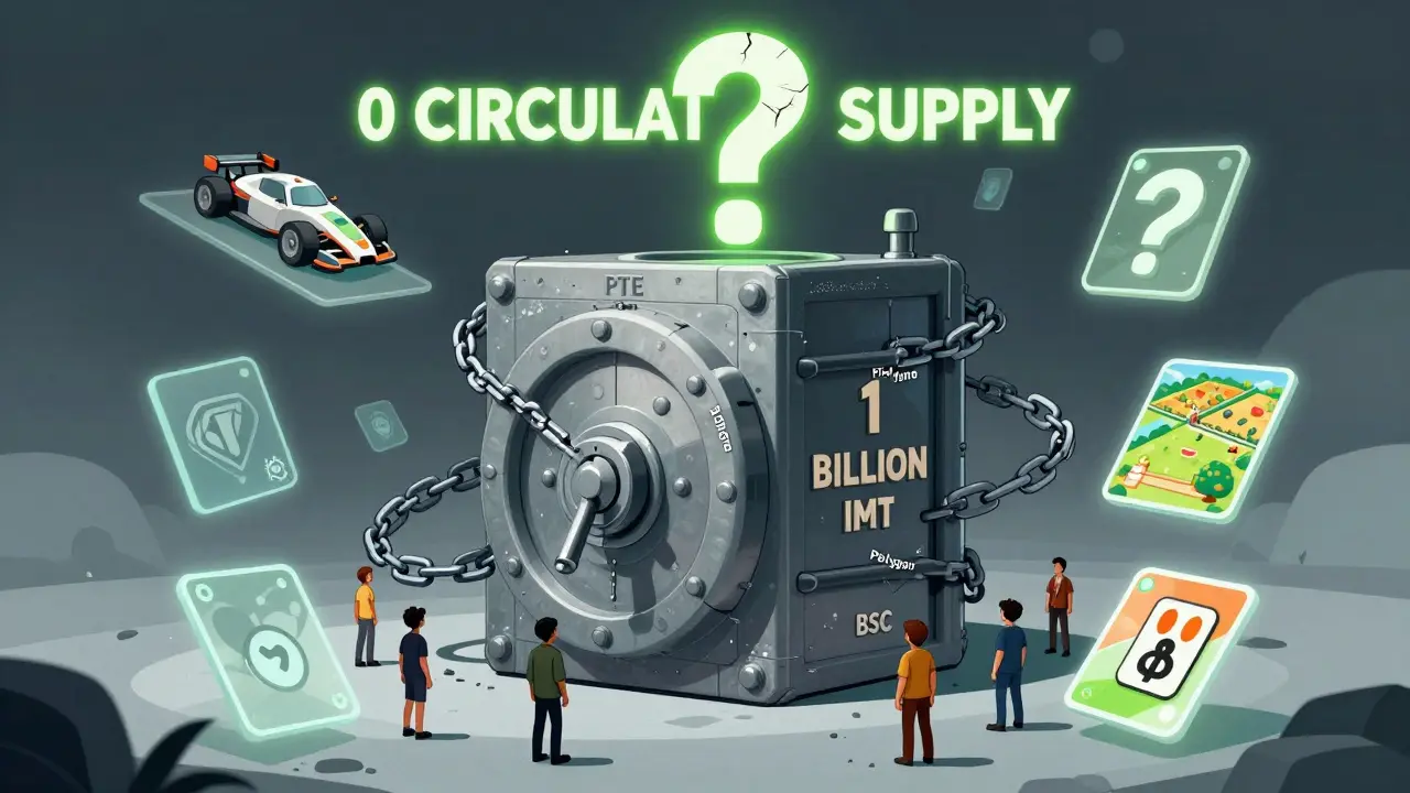 A massive locked vault labeled '1 BILLION IMT' surrounded by game icons and smart contract chains, with 0 circulating supply glowing above.