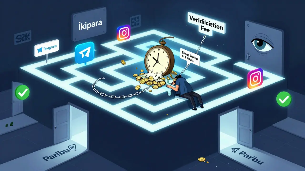 A maze of crypto ads leading to a dead end where time melts into money, trapping a user under fake withdrawal demands.