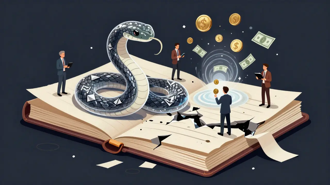 A paper real estate ledger being consumed by a blockchain serpent, while investors stand on its back with digital wallets.