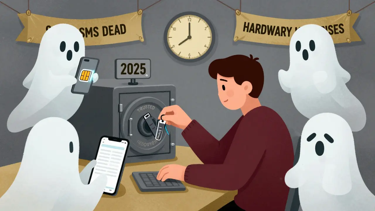 A person places two hardware keys into a vault as digital ghosts of insecure methods float behind them, with banners marking the end of SMS recovery.
