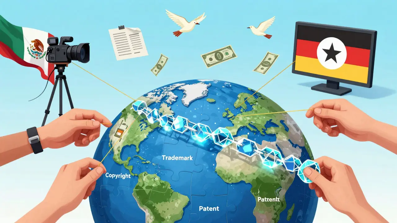 A shattered globe reassembled into a blockchain chain, with smart contracts enabling automatic royalty payments across continents.