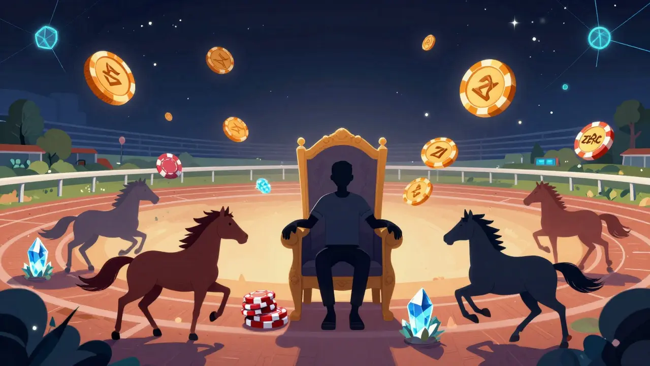 A silhouetted player on a floating hippodrome throne, with ZERC tokens transforming into racehorses and breeding crystals under a blockchain starfield.