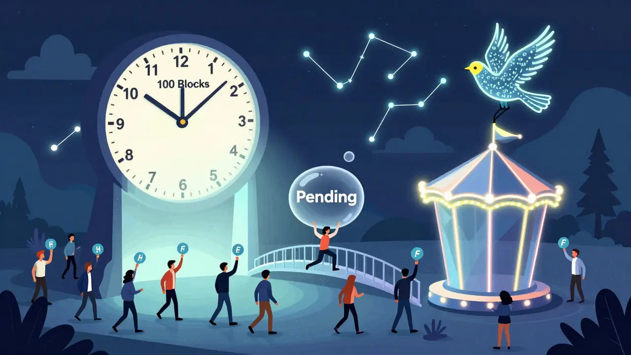 A slow-ticking clock above a smart contract portal sends ETH tokens into a neon-lit Polygon carnival ride, with users stuck in pending bubbles.