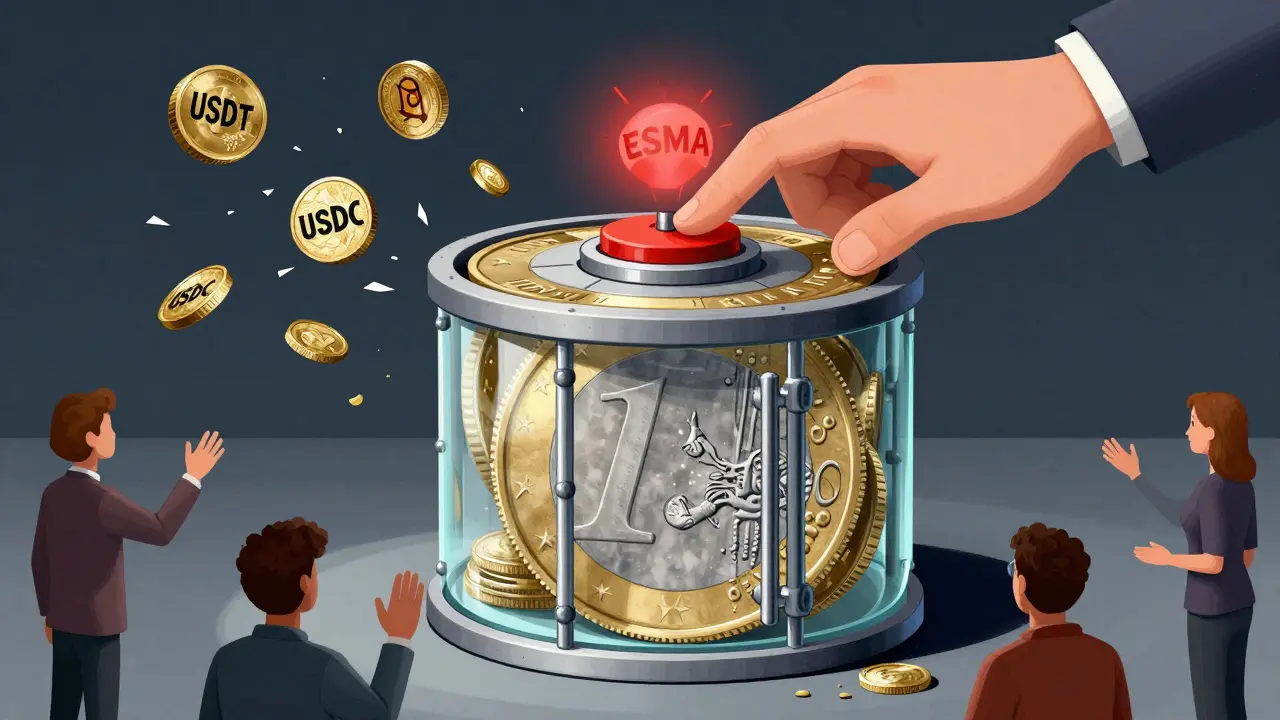 A stablecoin vault shaped like a euro coin with digital euros visible inside, under scrutiny from a giant ESMA hand.