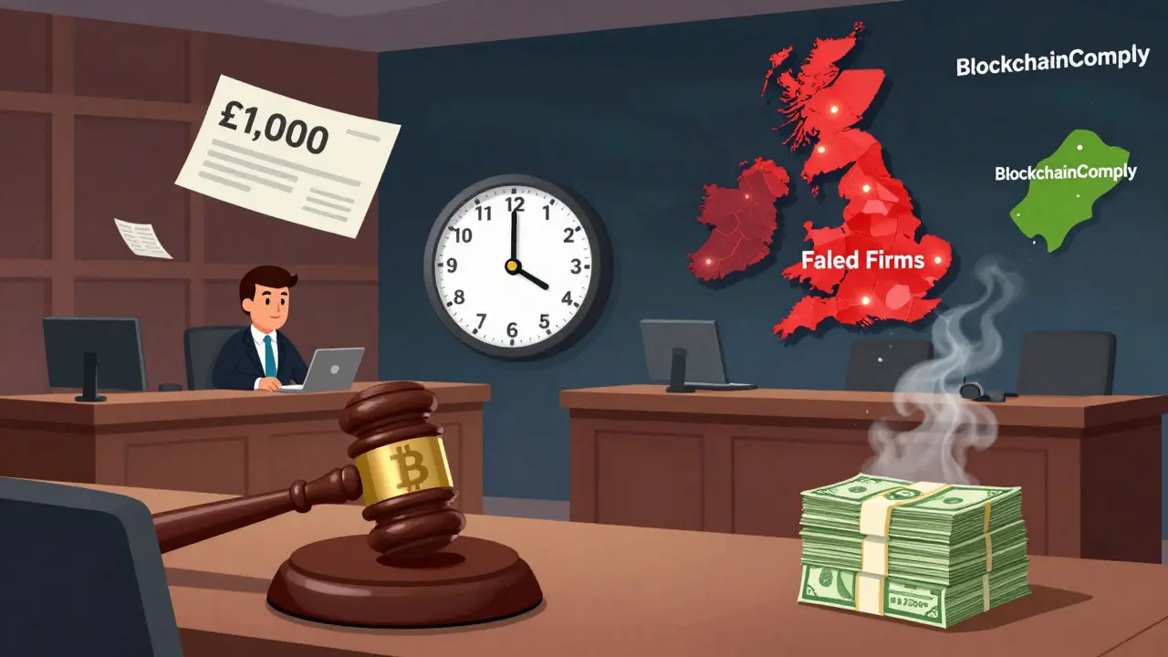 A surreal courtroom where a Bitcoin gavel judges a crypto CEO, surrounded by evidence of AML failures and one trusted firm.