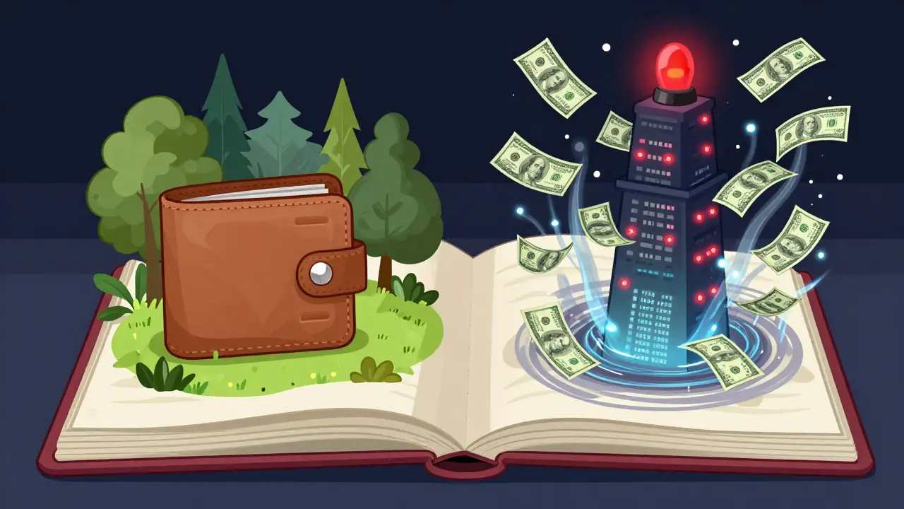 A surreal split scene: peaceful self-custody wallet on one side, chaotic foreign crypto exchange spewing penalty bills on the other.