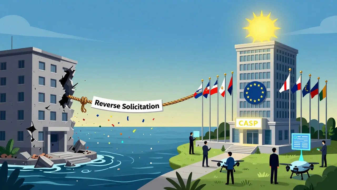 A U.S. crypto firm's building collapsing as it reaches across the ocean, while a gleaming EU subsidiary rises with a glowing license.