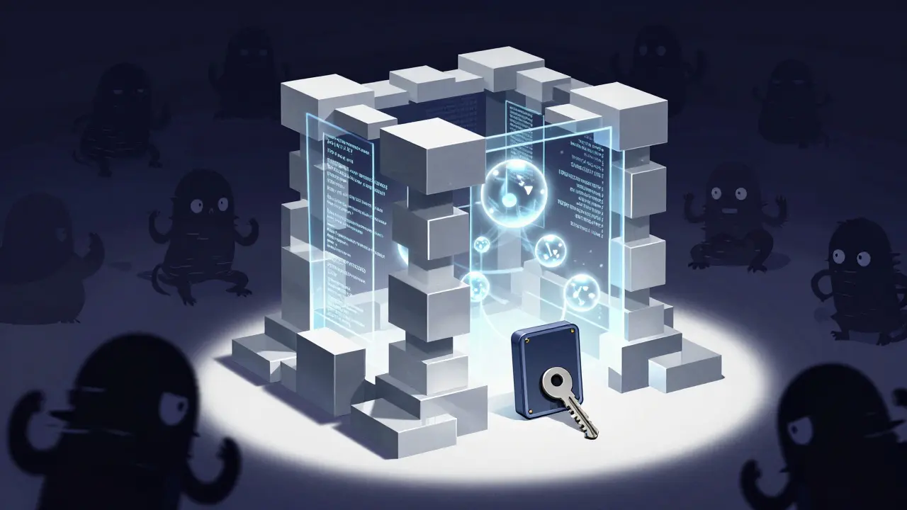 Abstract fortress shield protecting glowing assets from dark glitch shadows outside.