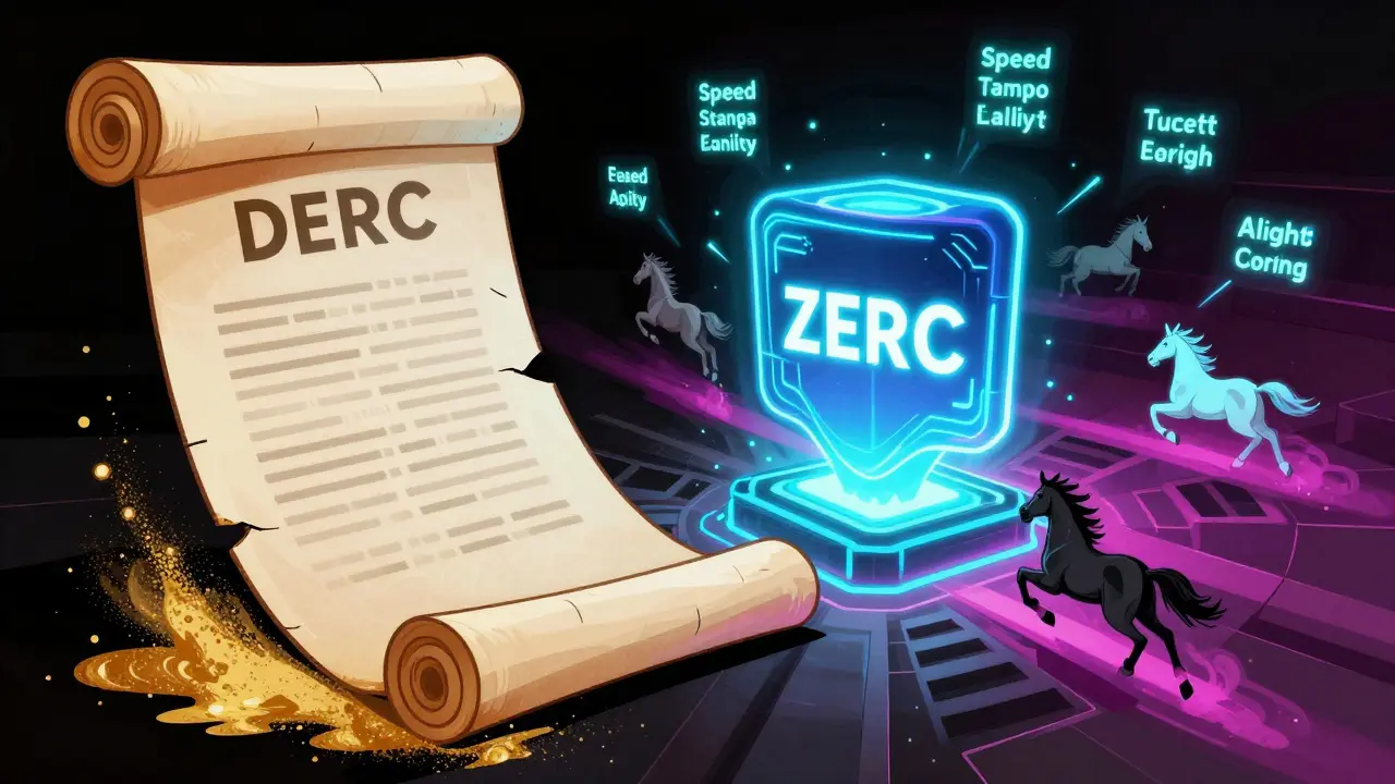 An ancient DERC contract crumbling as a new ZERC contract glows from the Base blockchain, surrounded by racing NFT horses.