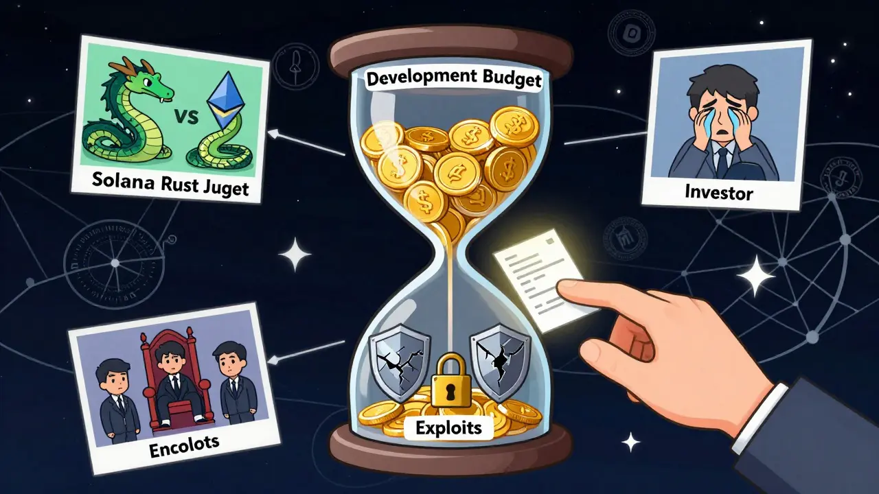 An hourglass of money vs. exploits, with investors and auditors in a cosmic web of blockchain chains.