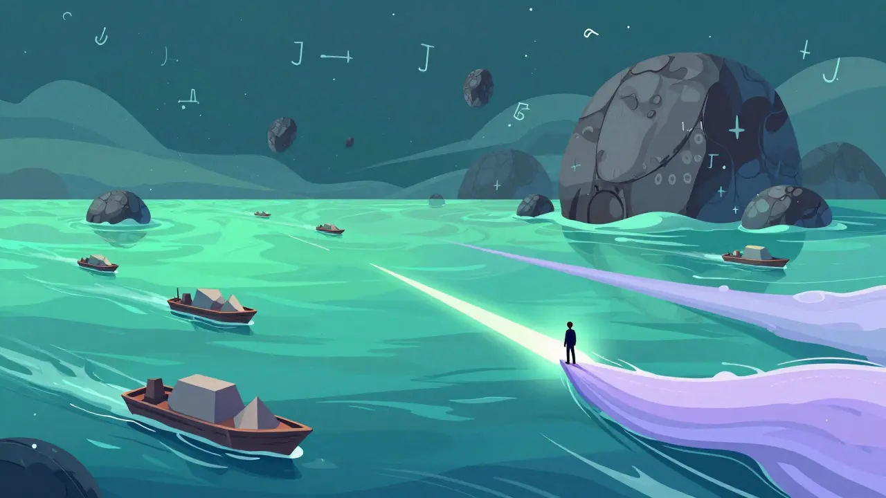 Cartoon ships sailing on liquid color pools symbolizing low fee stablecoin swaps.