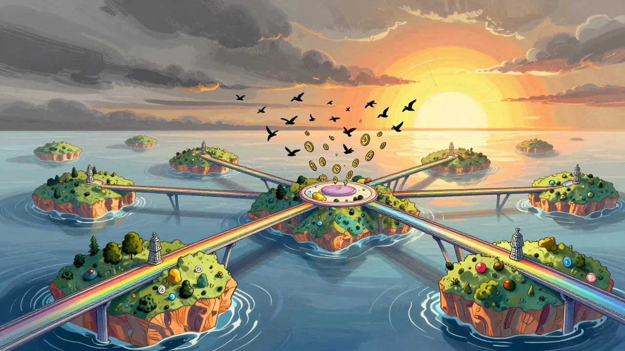Colorful islands connected by rainbow bridges with flying token shapes in a sunrise sky.