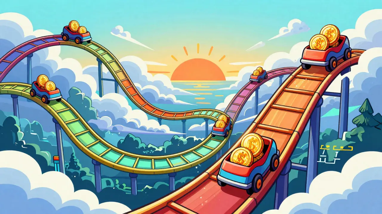 Colorful winding path with coin carts navigating market risks.