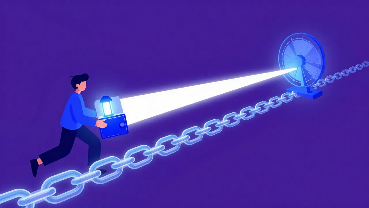 Creator sending glowing light beam directly to fan through a digital chain bridge.