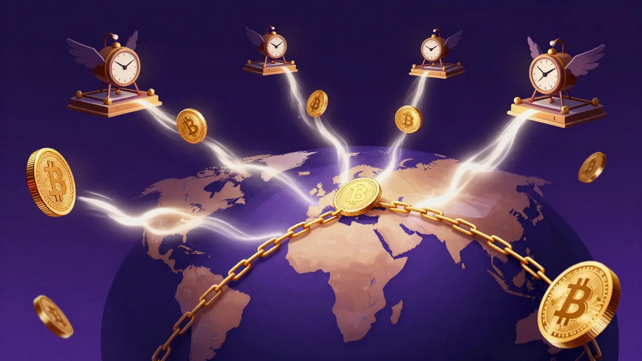 Floating coins connected to globe by glowing golden chains