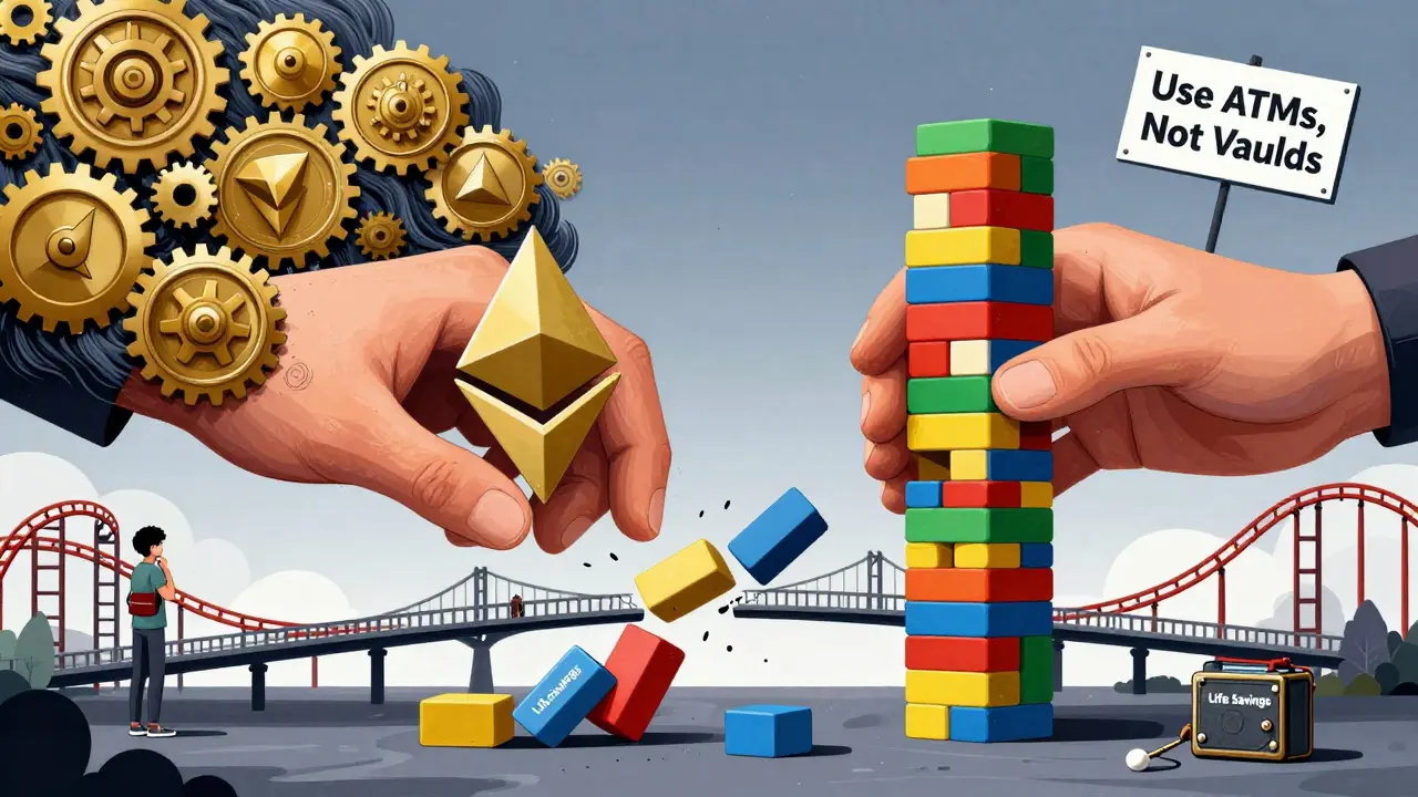 Giant hands clash—one made of golden gears representing Ethereum, the other of fragile Jenga blocks for Polygon—as bridges explode in the background.