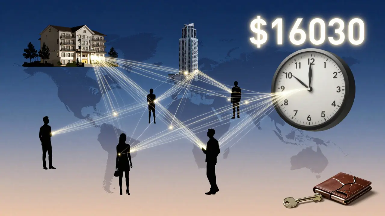 Global property silhouettes linked by glowing threads to wallets, with a  trillion clock ticking toward 2030 and a discarded key nearby.