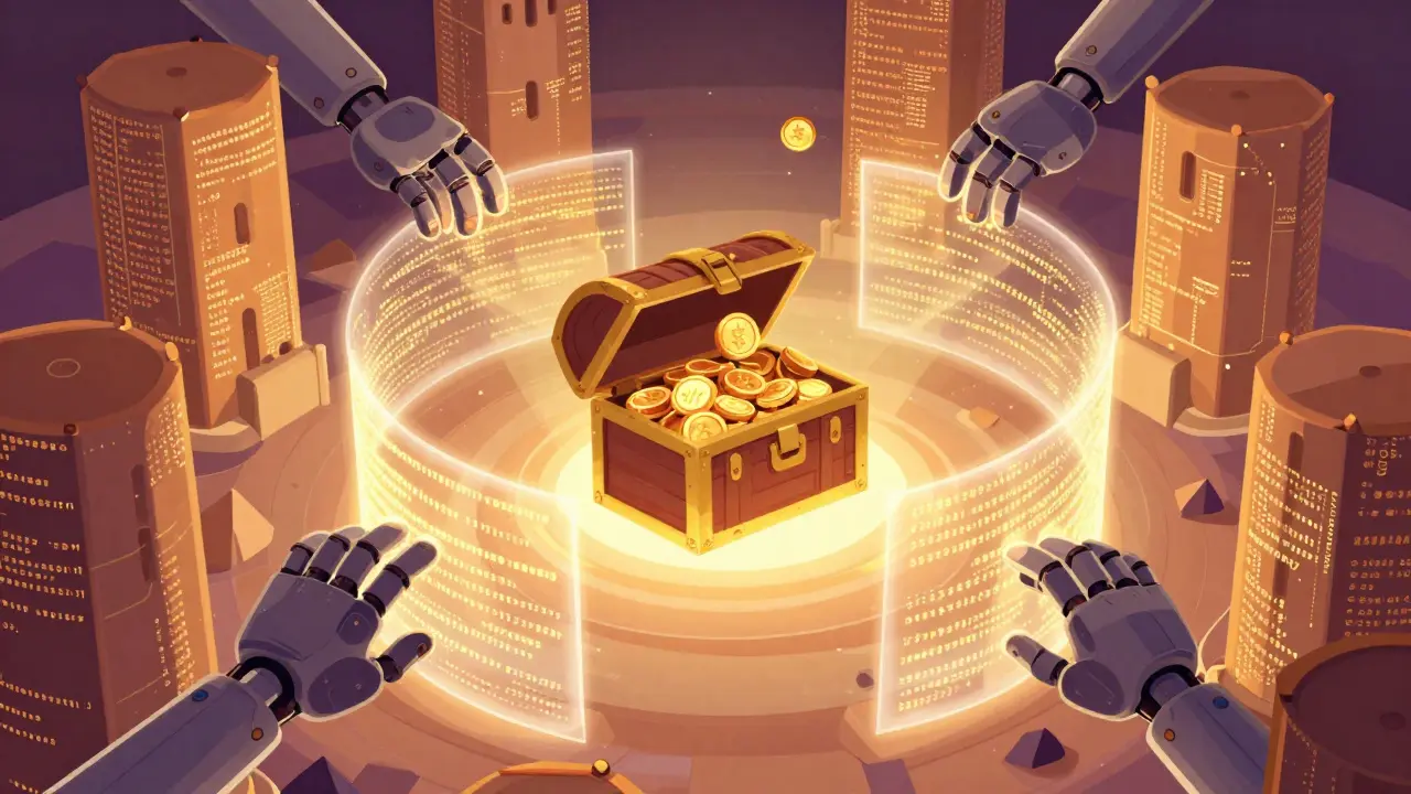 Glowing code fortress protecting floating treasure chests from reaching mechanical hands.