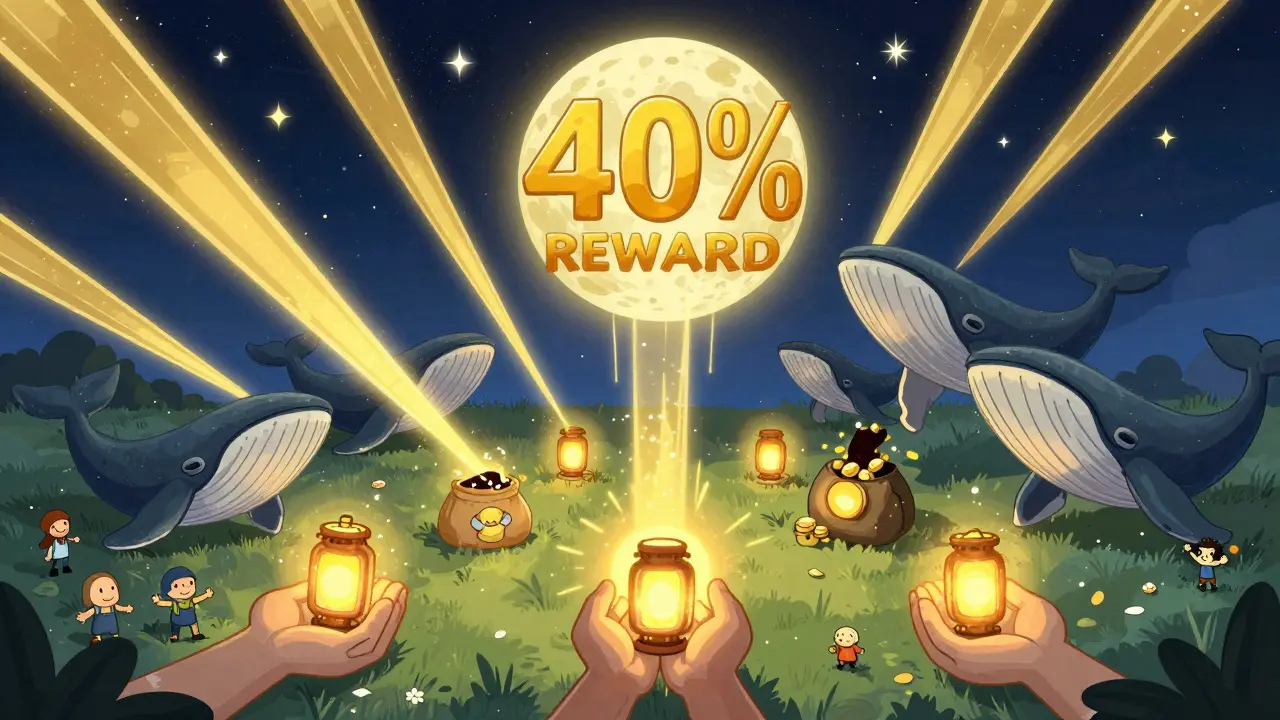 Golden energy beams from a Thunder Farm lift staking wallets into the sky as whales are pushed away, while small holders receive glowing rewards.