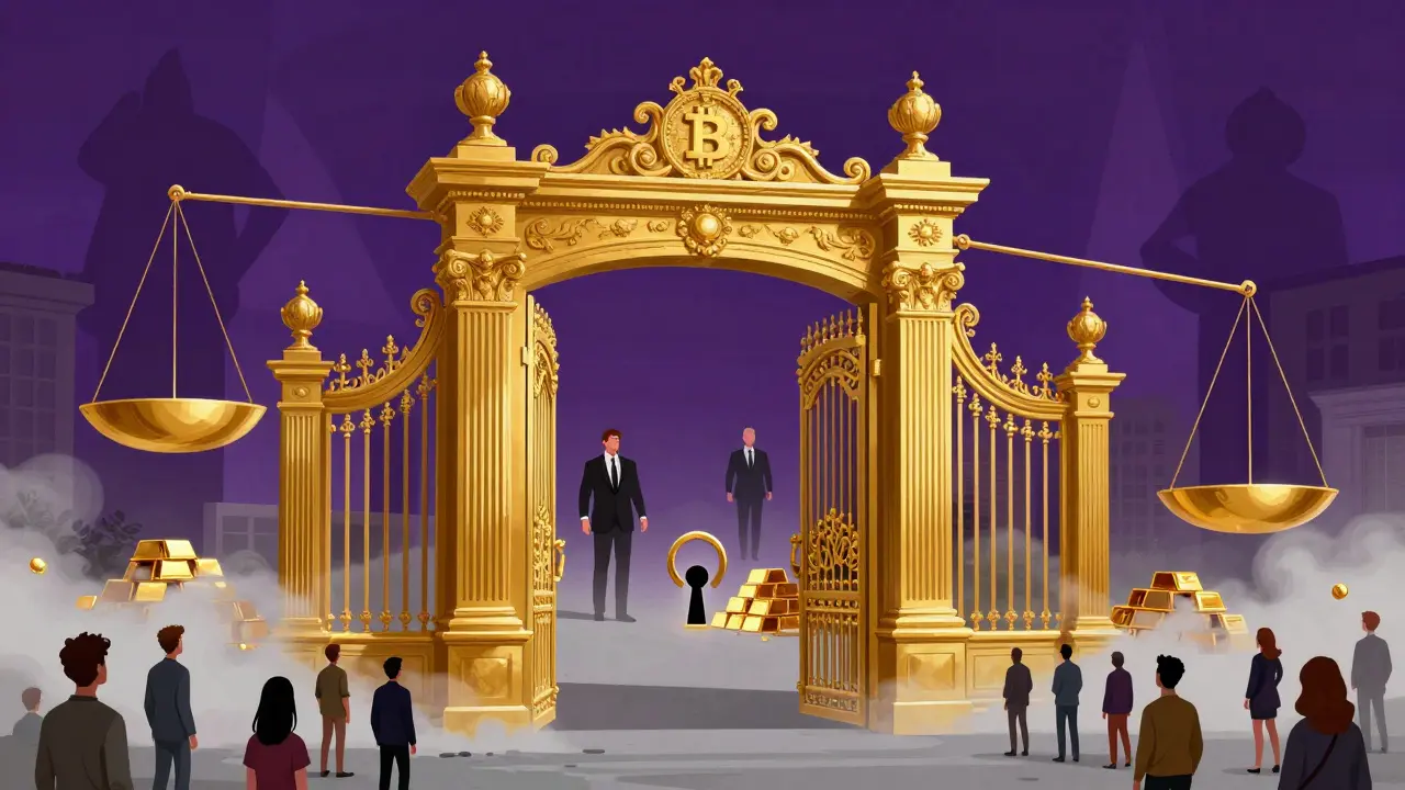 Golden gate open for rich silhouettes while commoners stand outside a locked crypto door.