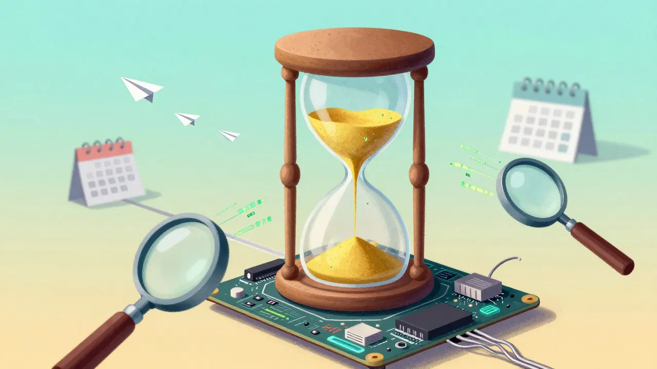 Hourglass with code sand watched by magnifying glasses over a digital landscape.