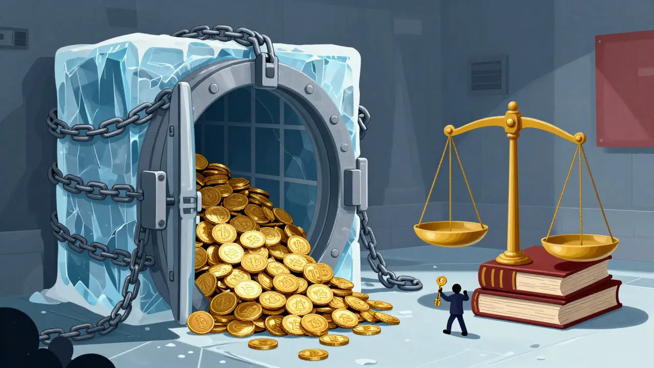 Ice vault freezing digital tokens weighed down by law books