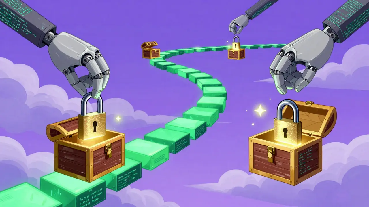 Surreal chain path with mechanical hands unlocking treasure chests.