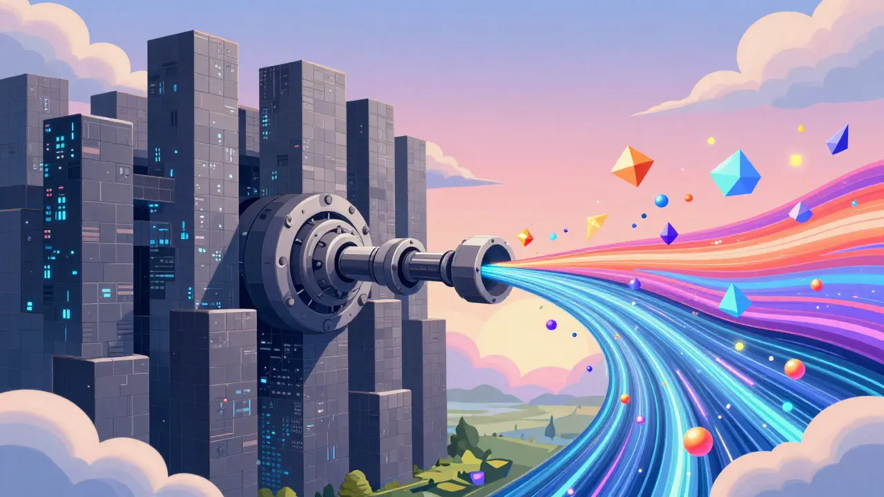 Surreal drawing showing fortress walls connecting to energy particle streams.