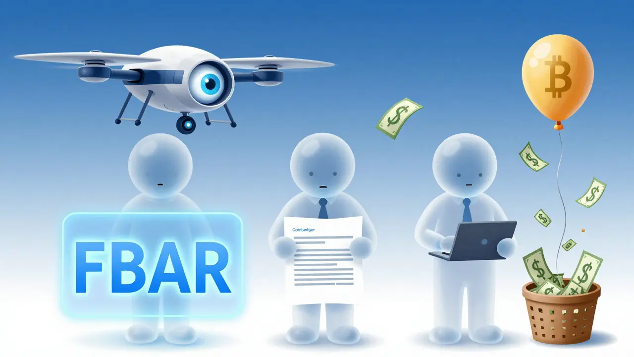 Three figures reacting differently to FBAR compliance, with an IRS drone scanning above and dollar balloons rising into penalties or compliance.