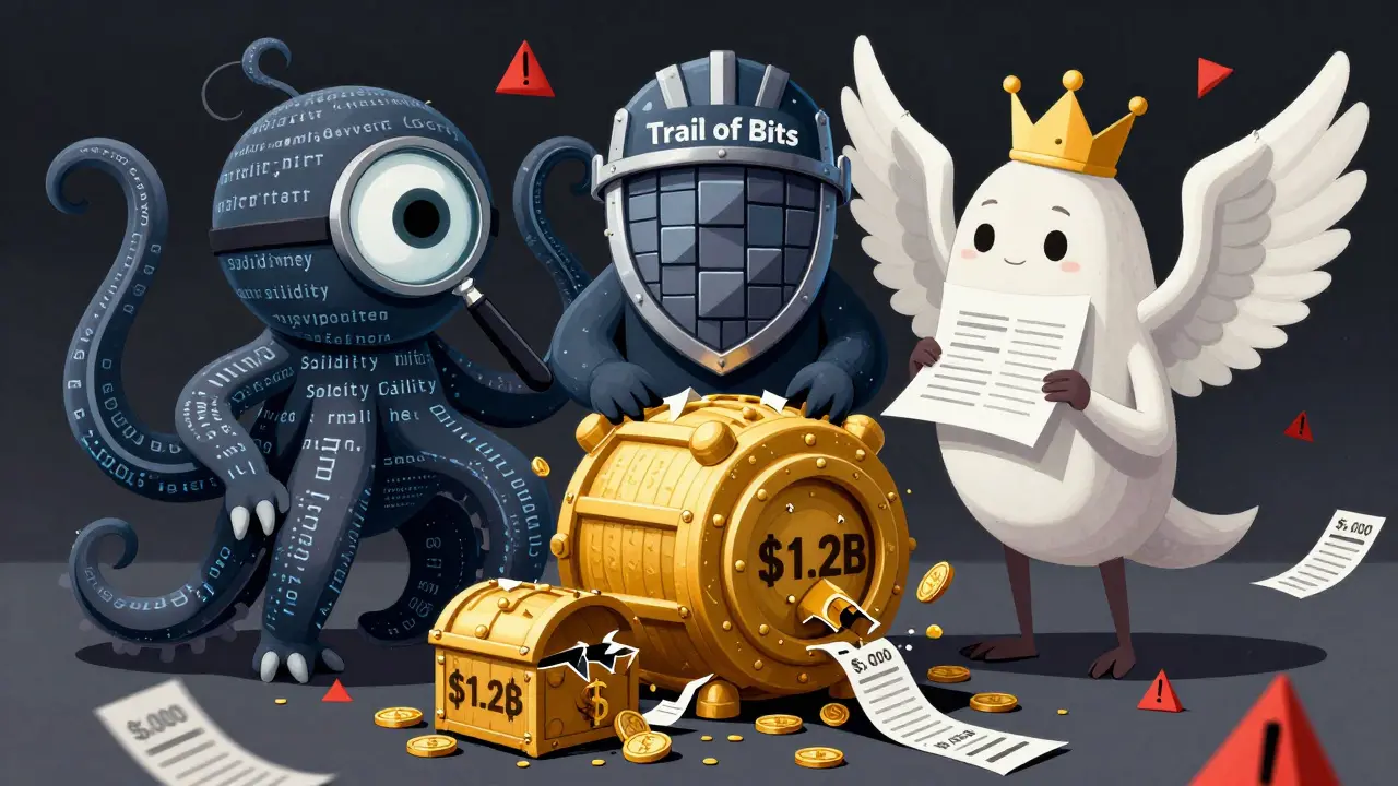 Three giant audit firms protect a golden vault from exploding exploits in abstract surreal cartoon style.