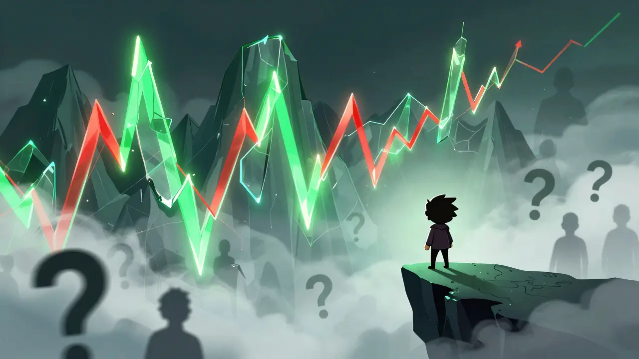 A character standing on a jagged neon glass mountain range overlooking a misty void.