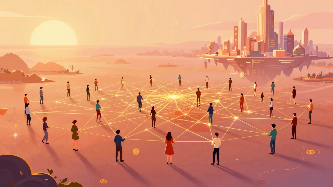 A community of stylized figures holding a golden web supporting a floating digital city.