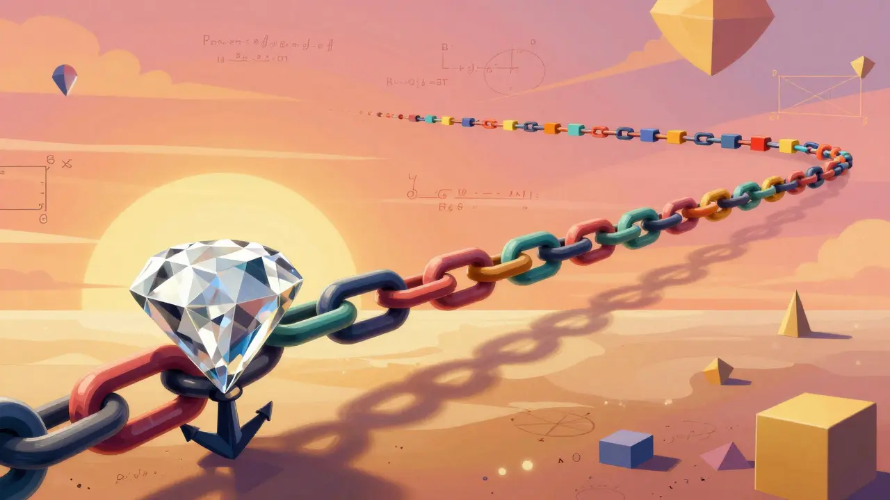 A diamond-like first block anchoring a vast, colorful chain stretching toward a surreal horizon.