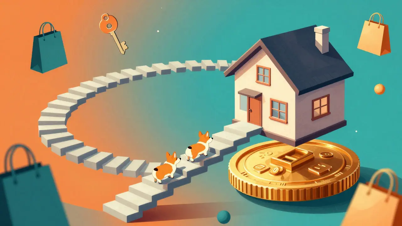 A floating house on a giant coin with Corgis climbing a spiral of referral stairs.