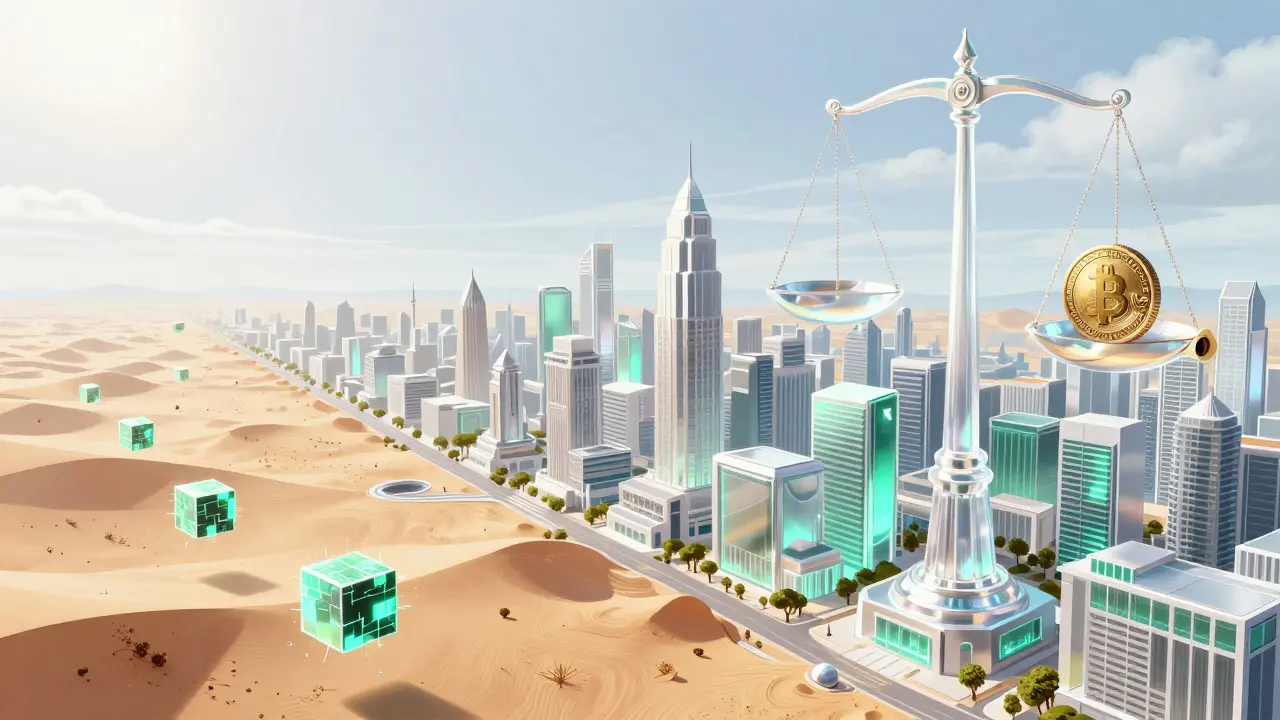 A futuristic crystal city emerging from a chaotic digital desert under floating scales of justice.