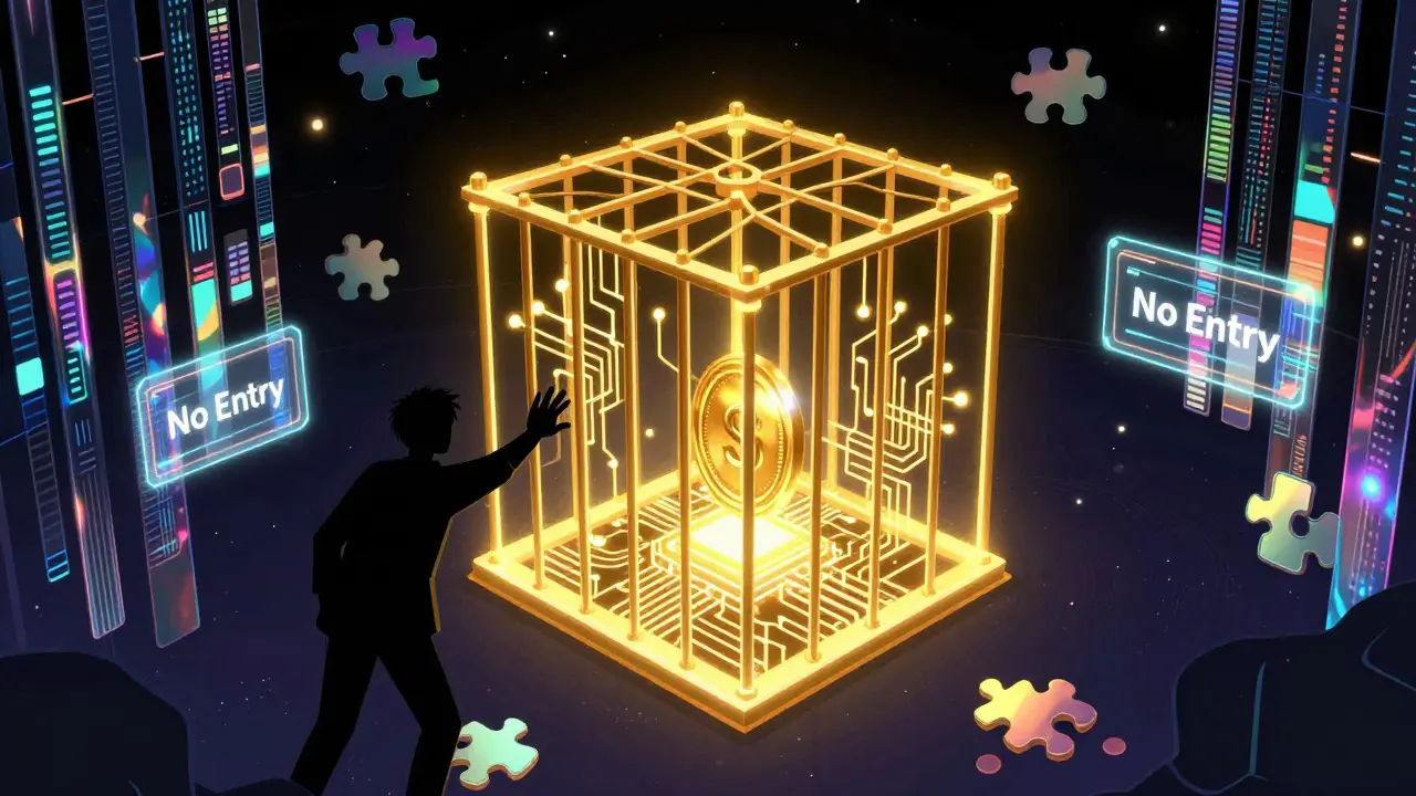 A glowing AI circuit cage trapping a digital token in a dark void.