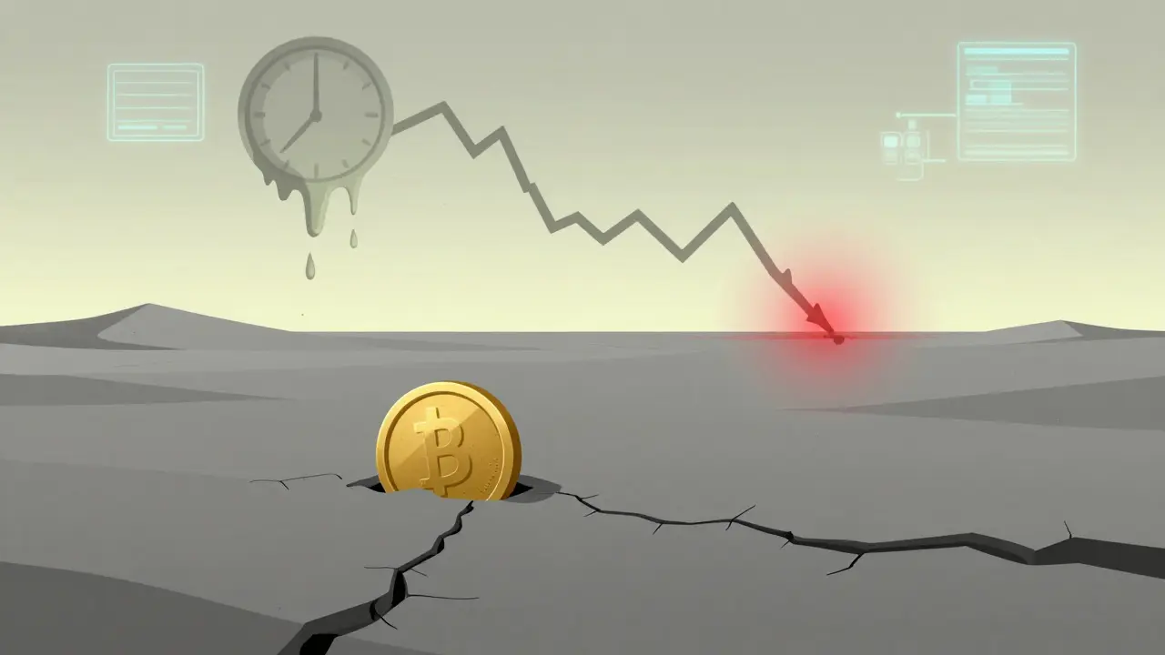 A lonely golden token in a grey digital wasteland with a crashing price graph.
