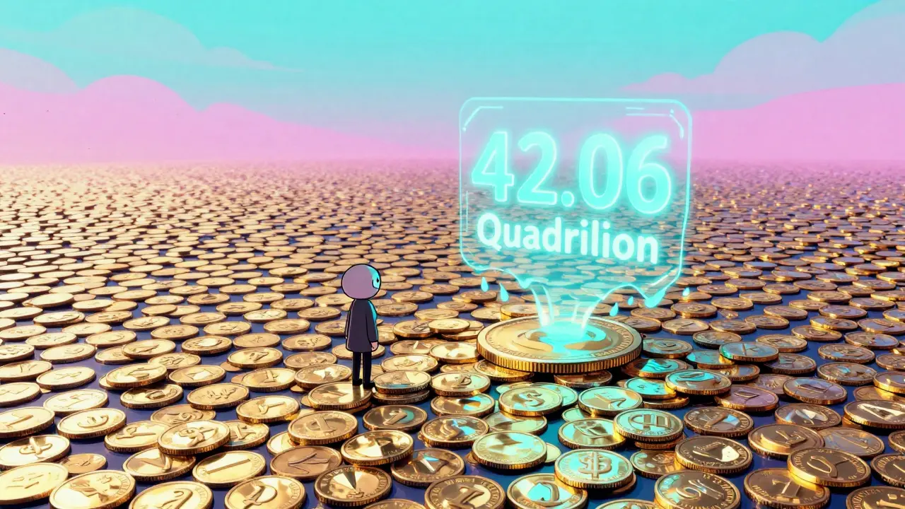 A person standing in a vast ocean of quadrillions of tiny shimmering coins.