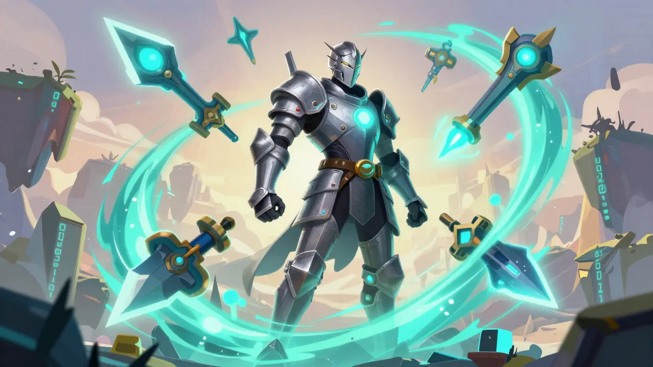 A stylized N-Guard character surrounded by swirling aqua elements and floating weapons.