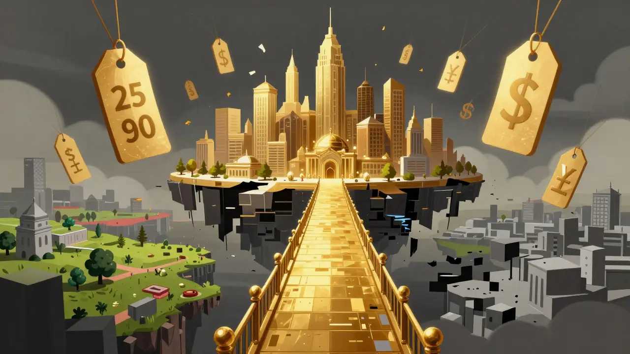 A surreal digital city with a glitching golden bridge and floating holographic price tags.