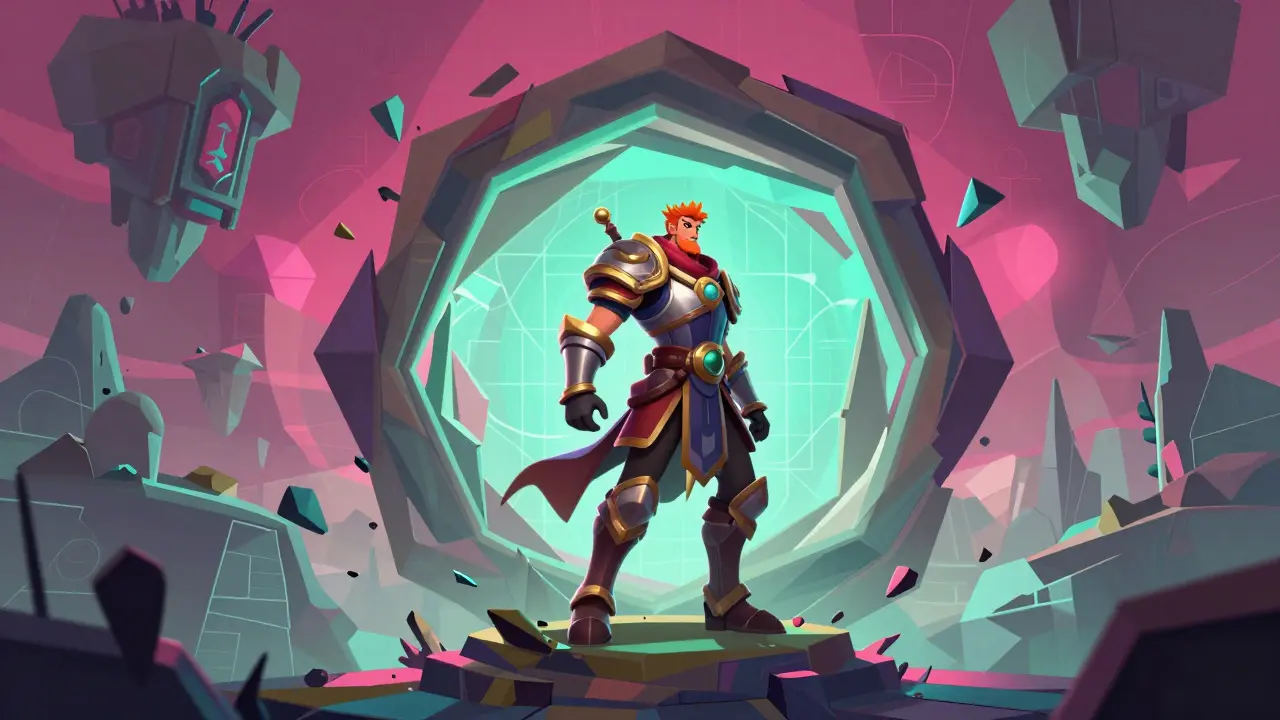 Abstract 3D fantasy hero emerging from a geometric portal into a digital metaverse.