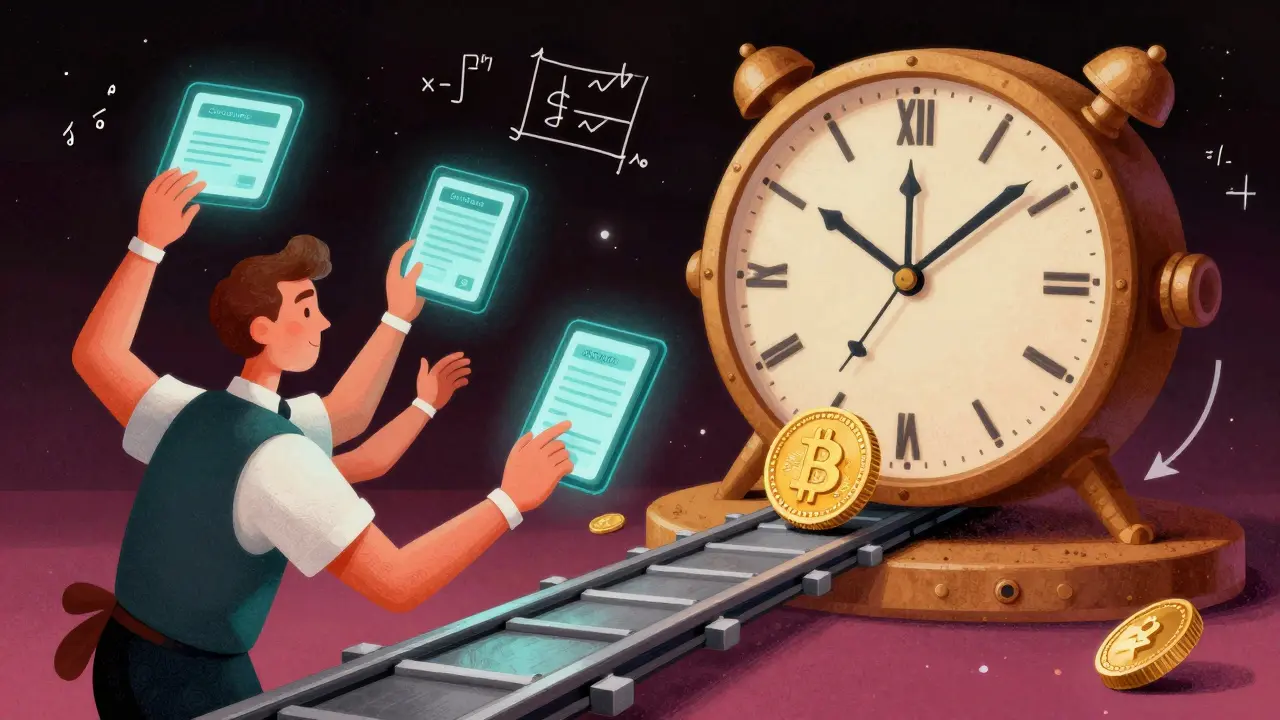 Abstract art of a multi-armed waiter matching trades with a slow mechanical clock in the background.