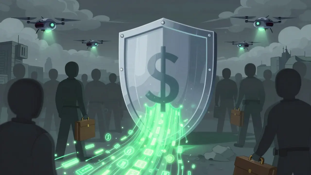 Abstract art showing a shield blocking digital lights with shadowy watchers above.